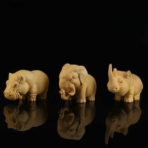 Artes y manualidades Estatuilla de elefante Boj tallado Rinoceronte Hipopótamo Artesanías Animales Tallado en madera Artesanía Adornos Estatua Escultura GY13 YQ240119