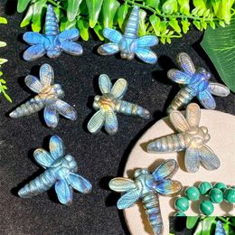Kunst en ambachten Cadeau Natuurlijke minerale steen Carving Labradoriet Dragonfly Crystal Quartz Beeldje Healing Gem Reiki Home Decoratie D Dhzfi