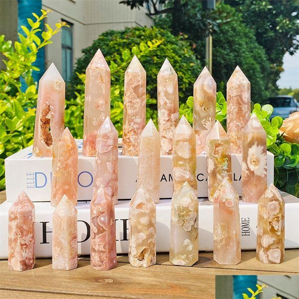 Cadeaux d'art et d'artisanat Jardin de la maison Fleur de cerisier naturelle Agate Point Baguette Tour Obélisque Guérison Cristal Décoration Minéraux Goutte Deli Dhpoi