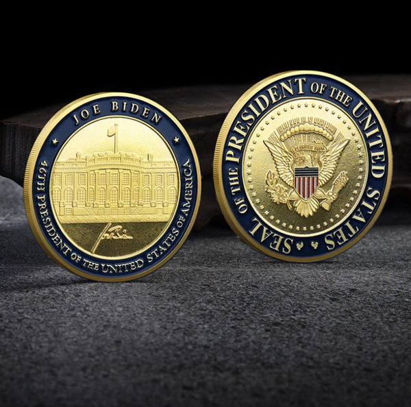 Moneda de oro para artes y manualidades, moneda conmemorativa dorada de color de pintura de Biden de la Casa Blanca, moneda virtual digital de comercio exterior