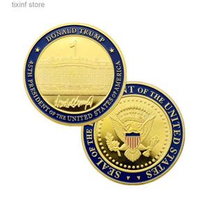 Artes y artesanías Moneda de oro Casa Blanca Trump Pintado Colorido Chapado en oro Moneda conmemorativa Colección de monedas virtuales digitales Regalo T240306