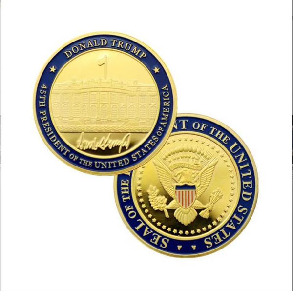 Moneda de oro para artes y manualidades, moneda conmemorativa dorada de color de pintura de Trump de la Casa Blanca, moneda virtual digital de comercio exterior