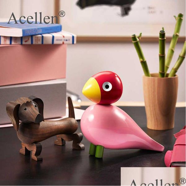 Artes y artesanías Figuras de pájaros hechas a mano Adornos Colorf Pintado Scpture Animal Decoración del hogar Nórdico Tallado en madera Marioneta de madera Denm Dhshy