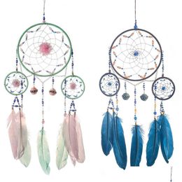 Kunst- en ambachten handgemaakte droomvanger met 3 circar ring veer windtuig dreamcatcher hangende kralen hangers muur d homeIndustry dhmks