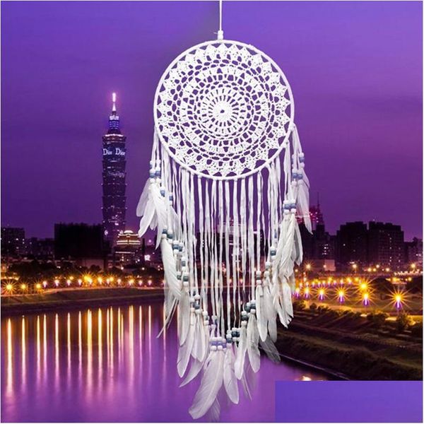 Artes y artesanías Encaje hecho a mano Dream Catcher Circar con plumas Decoración colgante Adorno Artesanía Regalo Clogheted White Dreamcatcher W Otdky