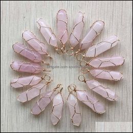 Arts et artisanat de guérison Naturel Rose Rose Quartz Pierre Cristal Main Charmes Or Fil De Fer Pilier Forme Pendentifs Pour Juif Sports2010 Dhhyv