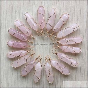Kunst en ambachten genezen Natuurlijk roze roze kwarts stenen kristal handgemaakte charmes goud ijzeren draad pilaar vorm hangers voor jood sport2010 dhk3o