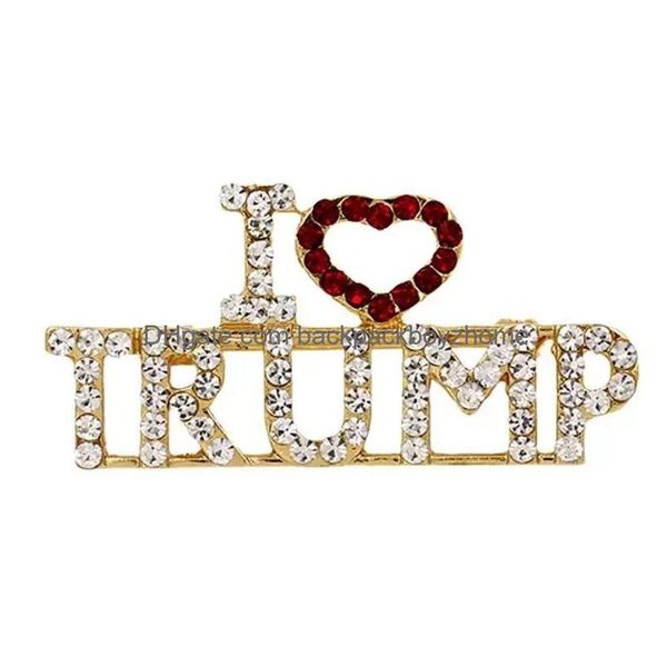 Arts et artisanat J'aime Trump Strass Broche Broches Artisanat Pour Femmes Glitter Cristal Lettres Manteau Robe Bijoux Broches Nouveau Wly935 D Dhlzz