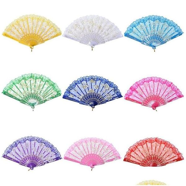 Arts Et Artisanat Dentelle Danse Fan Show Artisanat Ventilateurs Pliants Rose Fleur Conception Cadre En Plastique Soie Main Drop Livraison Maison Jardin Dhn9G