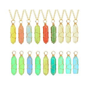 Kunst- en ambachten Lumineuze stenen ketting draadomslag zeshoekige kolom hanger Men vrouwen natuurlijke chalcedony choker gloed in donkere sieraden dhfkh