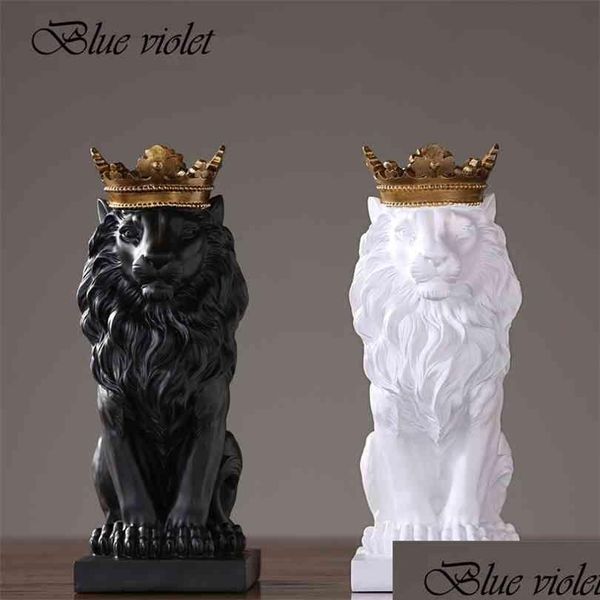 Arts et artisanat moderne résine animal statue couronne d'or noir lion figurine pour la décoration de la maison accessoires salon bureau décor 210 Dhzuh