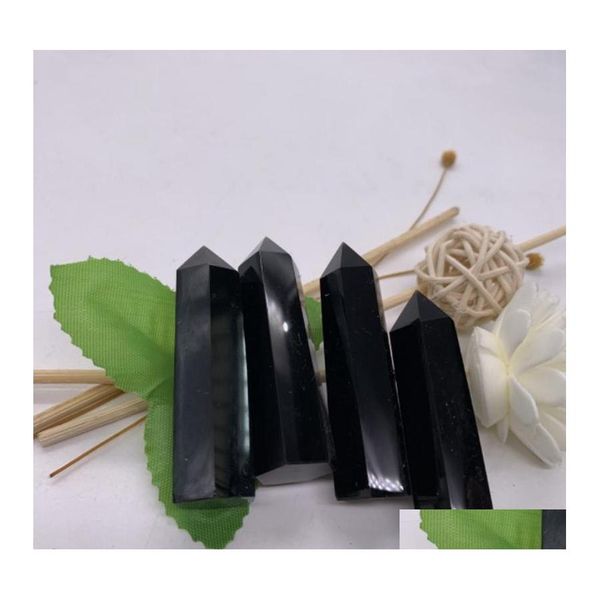 Arts et artisanat Obsidienne naturelle Quartz Tour de cristal noir Pierre Chakra minéral Baguettes de guérison Reiki Energy Baguette magique à six côtés Dhhay