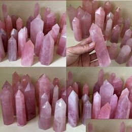 Artes y manualidades Cuarzo rosa natural Torre de cristal rosa Mineral Chakra Curación Wandsreiki Piedra de energía Punto de seis lados Varita mágica Roug Dhihs