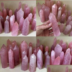 Arts et artisanat Quartz rose naturel Tour de cristal rose Chakra minéral Baguettes de guérison Reiki Energy Stone Baguette magique à six côtés Roug Dhvk3