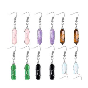 Arts Et Artisanat Pierre Naturelle À La Main Sier Couleur Fil Enroulé Prisme Hexagonal Dangle Boucles D'oreilles Turquoises Cristal Rose Opale Pour Les Femmes J Dhdzl