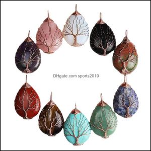 Arts et artisanat Natural Stone Healing Crystal Tree of Life Charms Pendants Waterdrop Pendants Rose Quartz Copper Fil Enduis Trendy Sports2010 DHJBS