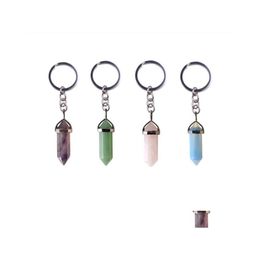 Arts and Crafts Natural Stone Hexagonal Prism Keychains Genezing Amethist Pink Crystal Car Decor Key Rings Chain Keyholder for Women Dhybm