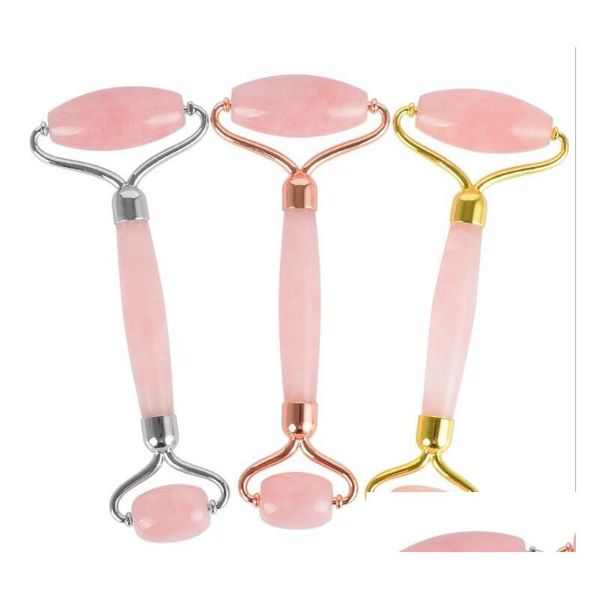 Artes y artesanías Natural Caído Chakra Cuarzo Rosa Tallado Reiki Cristal Curación Gua Sha Beauty Roller Facial Massor Stick con aleación G Dhtpb