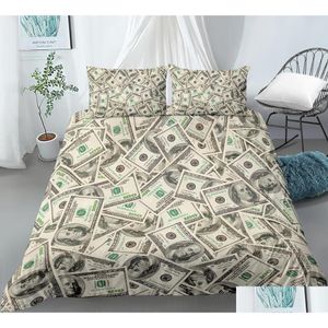 Kunst en ambachten Nummer 3D Moderne beddengoedset Dollarmotief Bedrukt dekbed Er Levendig dekbed 2/3 stuks Geld Wiskunde Patroon Grappig Bed Dhtvu