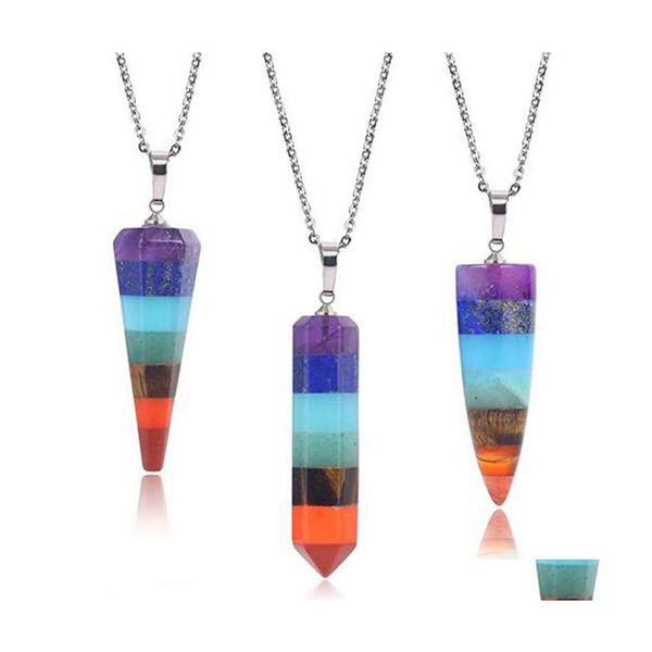 Arts And Crafts Rainbow 7 Chakra Layered Purple Crystal Lapis Aventurine Tiger Eye Stone Pendum Pendentifs Collier Pour Femmes Bijoux Dhwzn