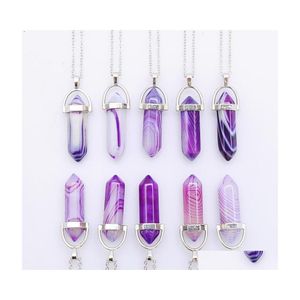 Arts Et Artisanat Rouge Bleu Violet Stripe Agate Colliers Chakra Reiki Healing Hexagon Prism Cristal Pendentif Pendum Collier Drop Deliv Dhqu6