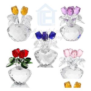 Arts et artisanat Crystal Rose Rose pour les cadeaux Valentines Bouquet Fleurs Figurines Figurines Ornement avec boîte cadeau décor de mariage à la maison Dro Dhpcy