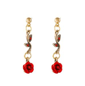 Artes y manualidades Retro francés rojo rosa flor pulsera pendientes colgante collar conjunto para mujeres mujeres señoras niñas personalidad Earrin Otco2