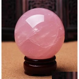 Arts et artisanat rockcloud guérison cristal naturel rose rose rose quartz sphère de pierre de pierre de pierre de pierre sphère décorative avec un support en bois artisanat84 dhgkd