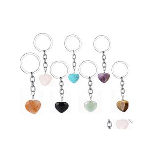 Kunst en ambachten Rose Pink Natural Heart Stone Keychain Crystal Quartz Healing Chakra Key Chain Ring Keyring sieraden Gift Drop Delive Dhdng