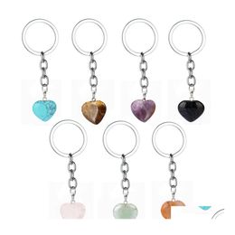 Arts et artisanat Rose Rose Oeil de Tigre Coeur Charme Pierre Naturelle Porte-clés Anneaux Cristal Quartz Porte-clés Cadeaux Femmes Hommes Porte-clés Jewe Dhun7