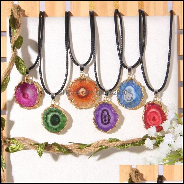 Artes y artesanías Piedra áspera Cristal Druzy Druze Colgante Collar Mujer Flor de verano Bohemia Cuerda de cuero ajustable Nec Sports2010 Dhwkr