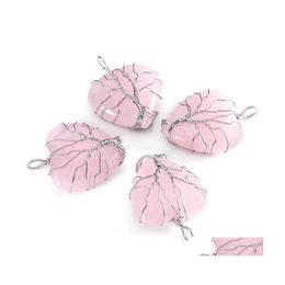 Arts et artisanat Sier fil d'or enveloppé pierre naturelle coeur arbre de vie pendentif charmes guérison chakra cristal améthyste quartz rose P Dhxmt