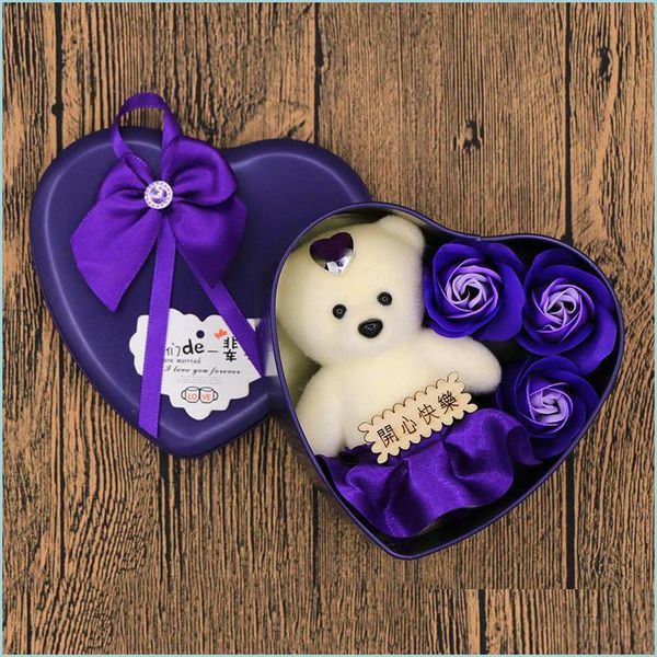Arts And Crafts Valentines Gift Lover Rose Flowers Bouquet Avec Teddy Bear Birthday Metal Package Huile Essentielle Savon Flower Drop Deli Dh6V5