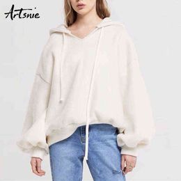 Artsnie Blanc Casual Coton Hiver 2018 Lâche Sweat Femmes Lanterne Manches Chaud Hoodies Pulls Automne Surdimensionné À Capuche T220726