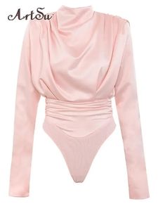 Artsu Elegant Satijn Roze Blouse Lange Mouw Body Tops Vrouwen Lente Romper Mujer Dames Leuke Shirts ASJU60703 240127