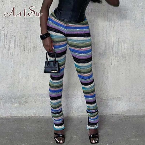 ArtSu Leggings Femmes Y2K Vêtements Pantalons D'hiver Taille Haute Rayé Imprimé Goth Leggins Push Up Workout Fitness Scrunch 211204