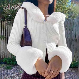 Artsu Cárdigans de punto acanalados Suéteres con cuello de piel Manga larga Slim Otoño Invierno Jumpers Mujeres Prendas de punto Chic 4 210918