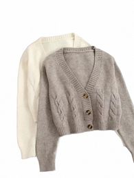 Artsu Solide Tricoté Cardigan Pull Manteaux Coréen Simple Boutonnage Lg Manches Jumper Femme Col V Cardigan Recadrée Outwear i1JH #