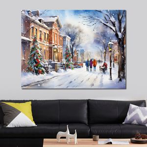 Obra de arte Giclee Snowy Christmas Night paisaje urbano ambiente alegre lienzo impreso imagen para decoración festiva para las paredes del salón