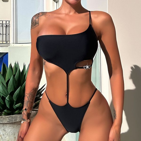 ARXIPA Maillot de bain une pièce sexy pour femme - Noir uni - Rembourré - Push-up - String - Coupe haute - Monokini d'été - Mode