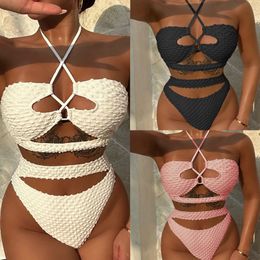 Arxipa Sexy Bikinis Two Piece Swimsuit For Women High Waist Bathing Trssold Push Up Up Beachwear 2 Piece Hollow Out Bandage Solid Black Bandeau Halter