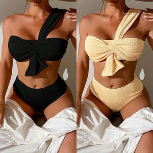 ARXIPA Maillot de bain 2 pièces sexy pour femme - Maillot de bain bandeau rembourré - Push-up - Solide - Une épaule - 2 pièces - Taille haute