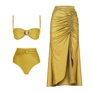 ARXIPA Maillot de bain deux pièces sexy pour femme - Maillot de bain bandeau rembourré - Push-up - Jaune uni - Taille haute - Bandage croisé brésilien avec couverture froncée