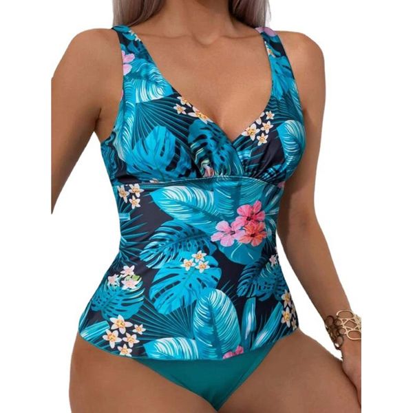 ARXIPA Maillot de bain 2 pièces vintage pour femme, tankinis, taille moyenne, rembourré, push-up, imprimé floral, 2 pièces, col en V séparé