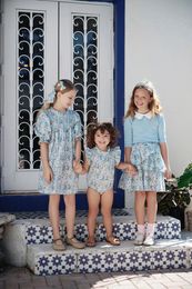 Como 2024 Summer Blue Shabbus Collection Hermana y hermano Matriz a juego de ropa 100% de algodón Floral y Knited Kids 240403