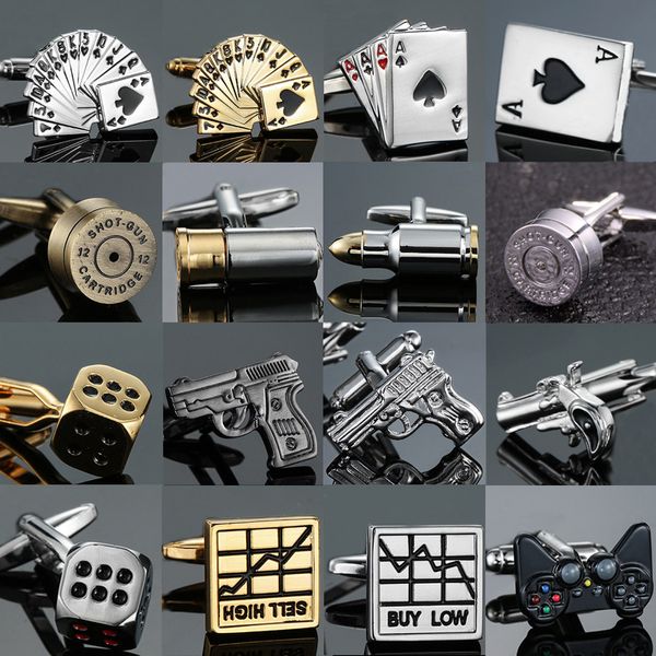 AS haute qualité carte à jouer boutons de manchette nouvelle mode stock marteau dés pistolet boutons de manchette hommes chemise badge broche cadeau de fête d'anniversaire