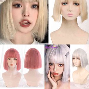 As Short Bob Wig with Bangs Synthetic Wigs for Women Ombre Black Red Purple Blonde Pink Lolita Cosplay Party Natural Hair 220622