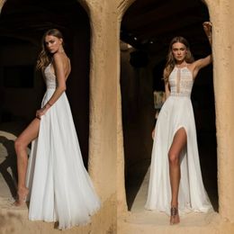 Asaf Dadush Boho Robes de mariée sexy Couc Halter Bohemian Lace Mariffon Split Marif Robe A Line Beach Bridal Robes Robe de Mariee 189b