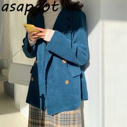 Asapgot 8 Color Fall Korea Chic Losse Blazers Jas Lange Mouwen Effen Vintage Double Breasted Corduroy Suits Woman Jacket 210610
