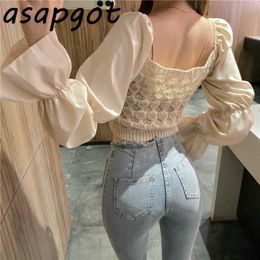 Asapgot herfst vintage korea chic stiksels gebreide korte vierkante hals flare lange mouw blouse vrouwen blusas de mujer mode 210610